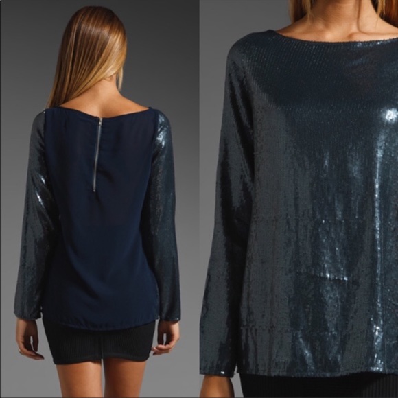 NWT STYLESTALKER Blue Brillitte sequin blouse, 6, Long Sleeve, mesh back - Picture 3 of 8